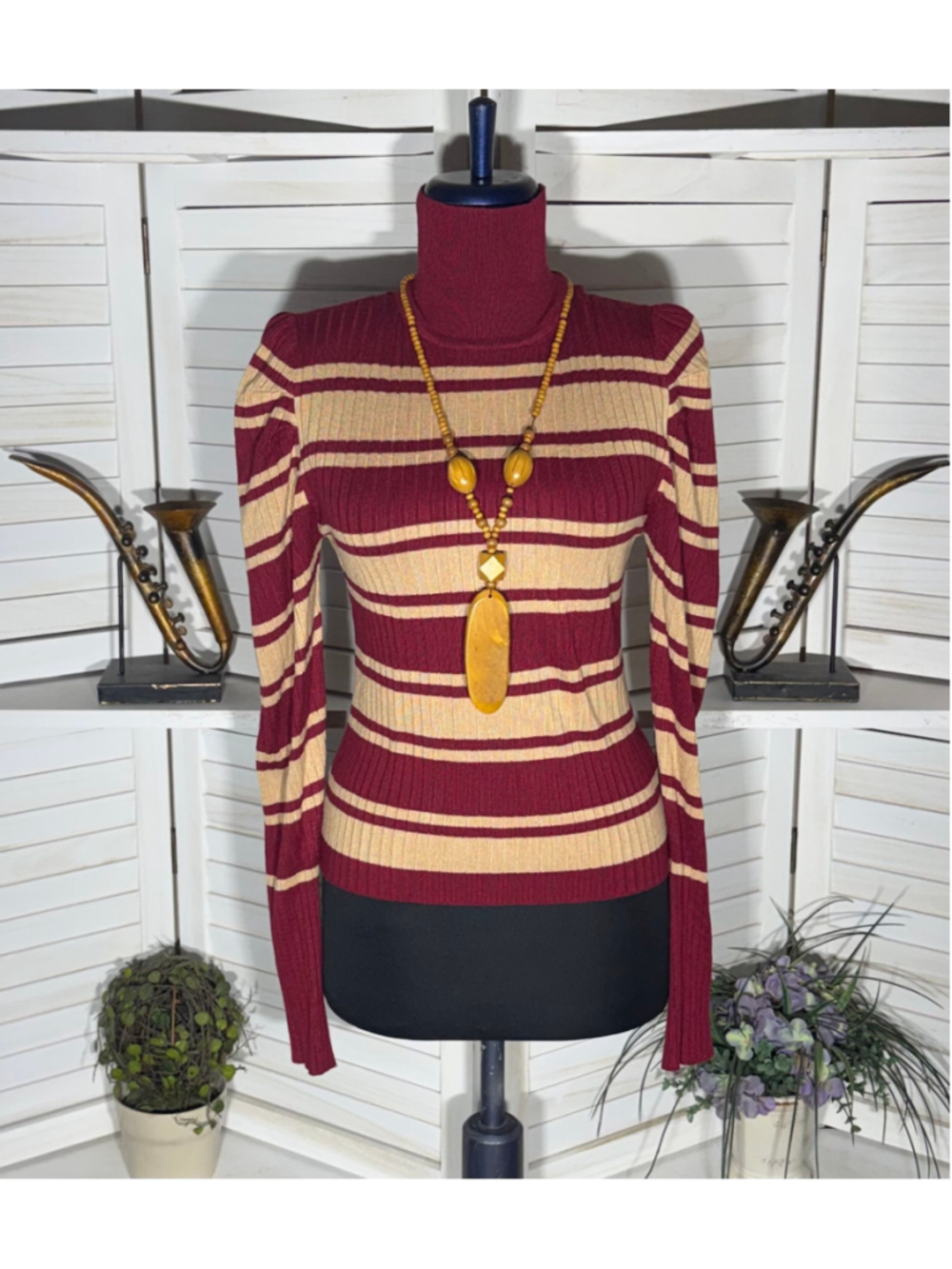 Retro 70s style turtleneck top burgundy striped knit 90s grunge whimsigoth M